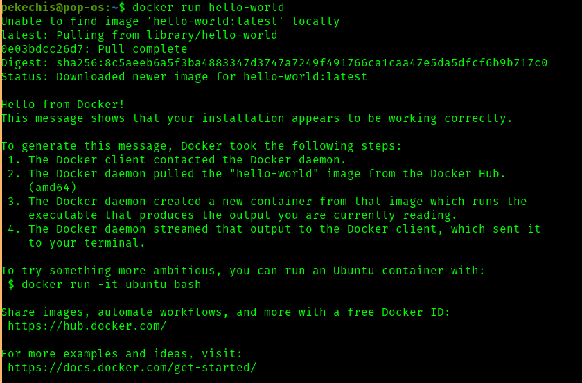 Resultado de
                          la ejecución de docker run hello-world