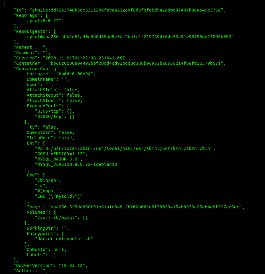 Salida
                      del comando docker inspect mysql:8.0.22
