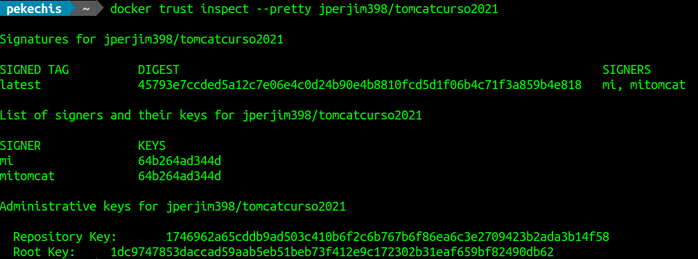 Salida de la orden docker trust inspect