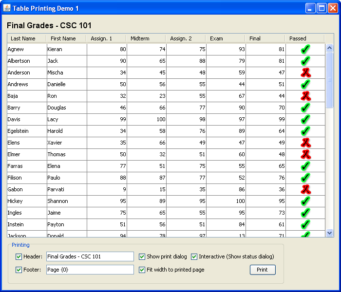 A screenshot of TablePrintDemo1