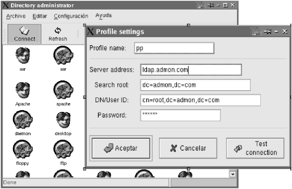 Vista de la herramienta Directory Administrator.